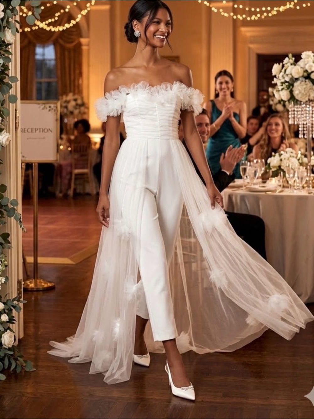 Lulu's White Off-Shoulder Bridal Jumpsuit with Tulle Train